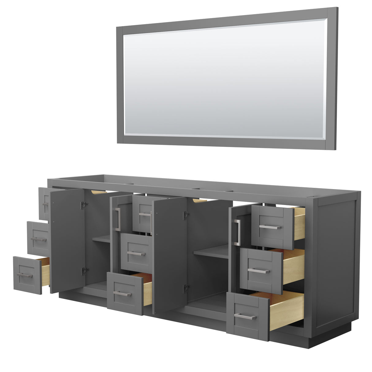 Miranda 84 Inch Double Bathroom Vanity in Dark Gray No Countertop No Sink Brushed Nickel Trim 70 Inch Mirror