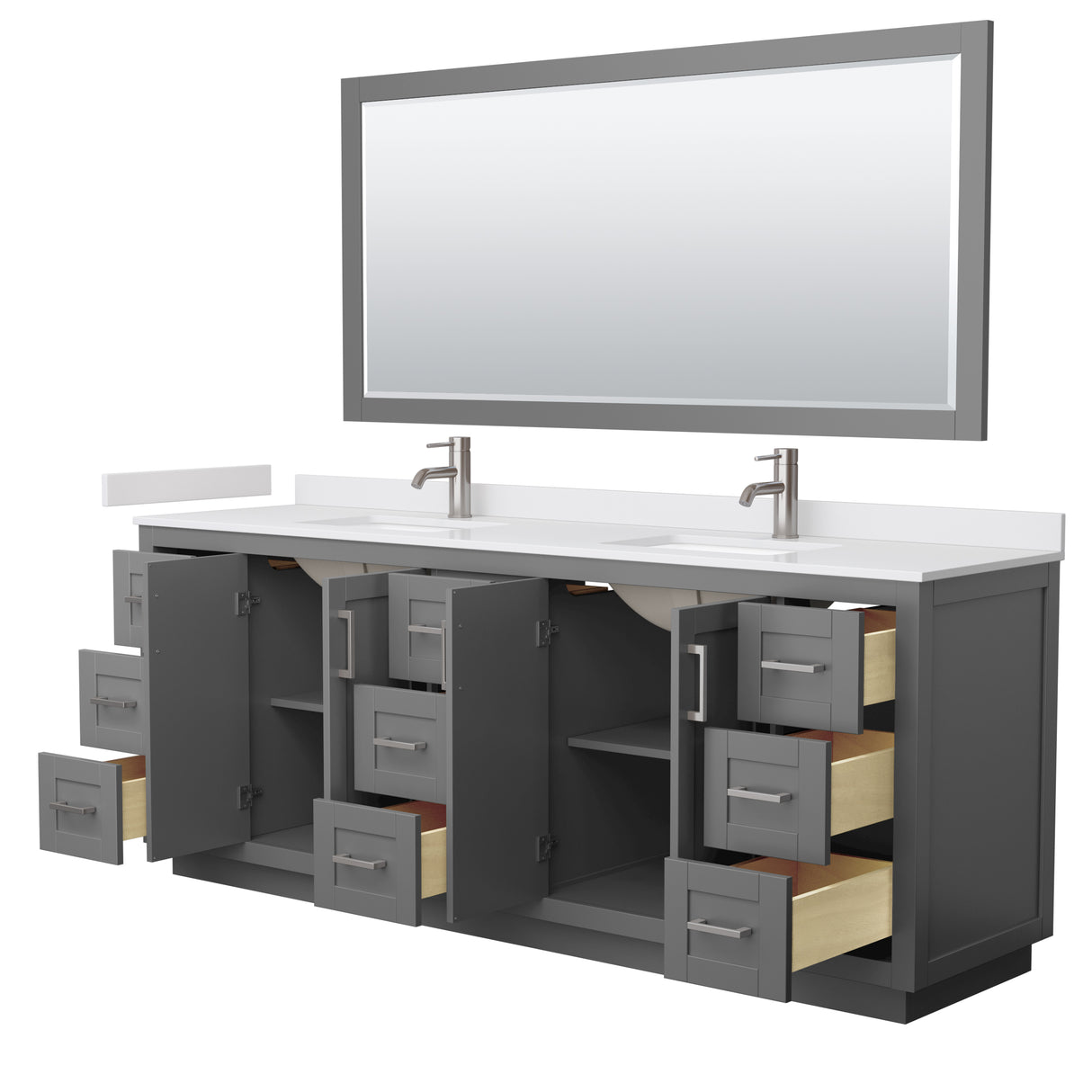Miranda 84 Inch Double Bathroom Vanity in Dark Gray White Cultured Marble Countertop Undermount Square Sinks Brushed Nickel Trim 70 Inch Mirror