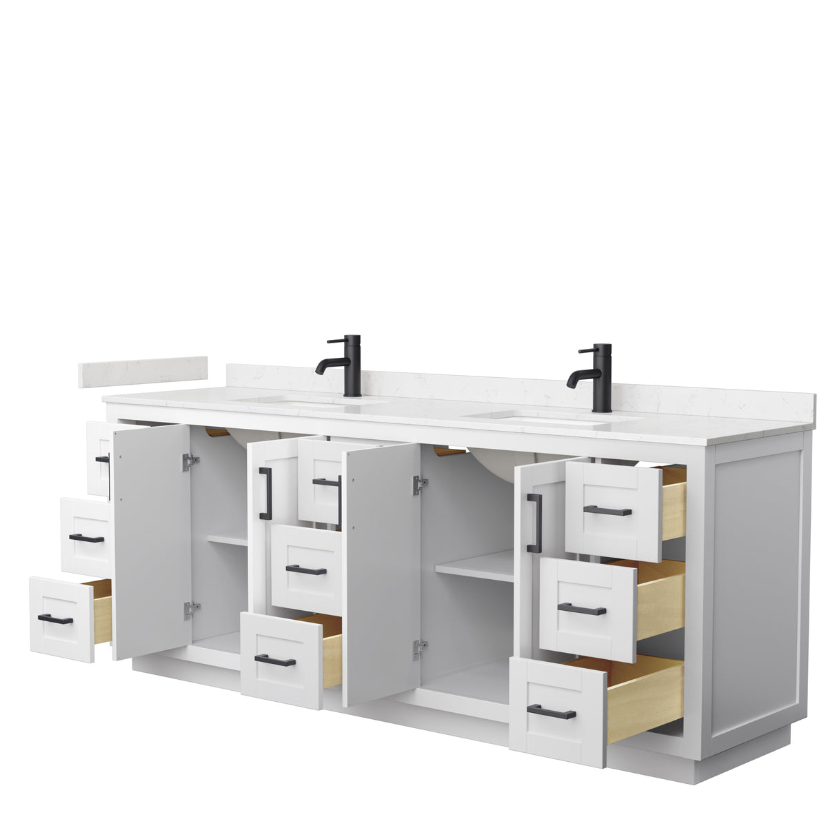 Miranda 84 Inch Double Bathroom Vanity in White Carrara Cultured Marble Countertop Undermount Square Sinks Matte Black Trim