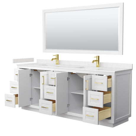 Miranda 84 Inch Double Bathroom Vanity in White Carrara Cultured Marble Countertop Undermount Square Sinks Brushed Gold Trim 70 Inch Mirror