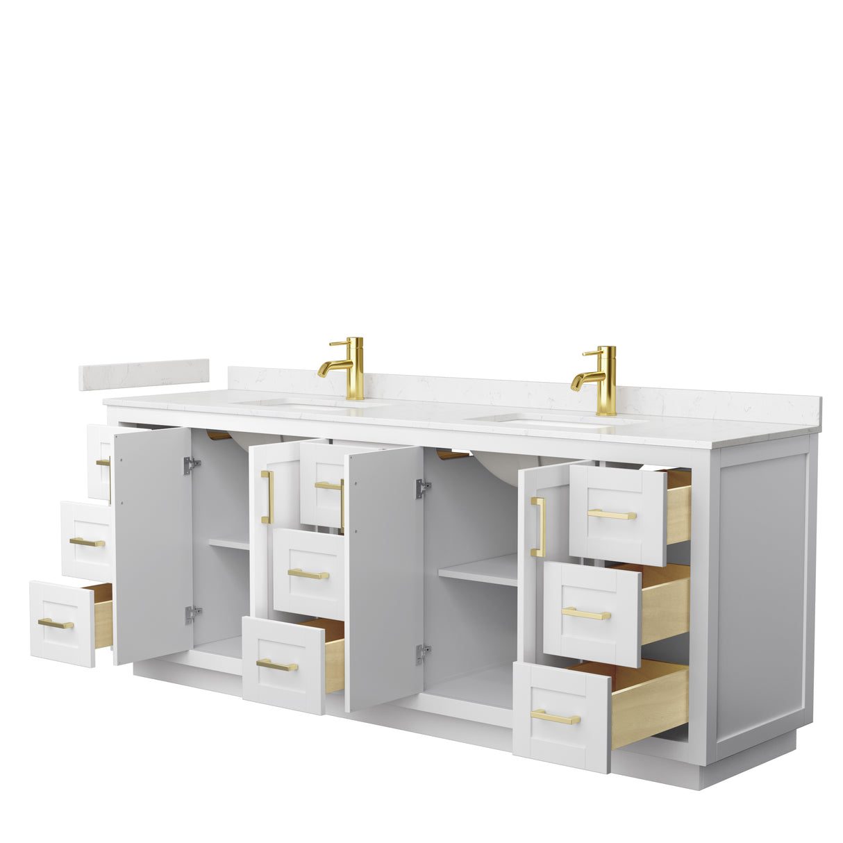 Miranda 84 Inch Double Bathroom Vanity in White Carrara Cultured Marble Countertop Undermount Square Sinks Brushed Gold Trim