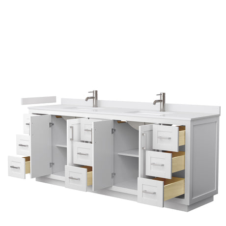 Miranda 84 Inch Double Bathroom Vanity in White White Cultured Marble Countertop Undermount Square Sinks Brushed Nickel Trim