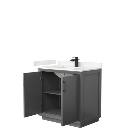 Strada 36 Inch Single Bathroom Vanity in Dark Gray Carrara Cultured Marble Countertop Undermount Square Sink Matte Black Trim