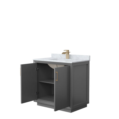Strada 36 Inch Single Bathroom Vanity in Dark Gray White Carrara Marble Countertop Undermount Square Sink Satin Bronze Trim