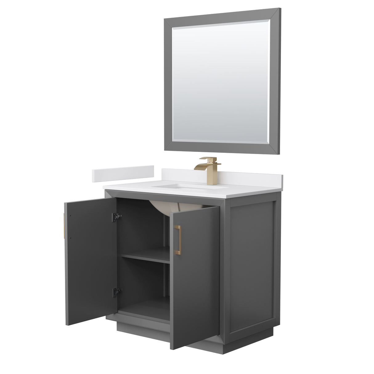 Strada 36 Inch Single Bathroom Vanity in Dark Gray White Cultured Marble Countertop Undermount Square Sink Satin Bronze Trim 34 Inch Mirror