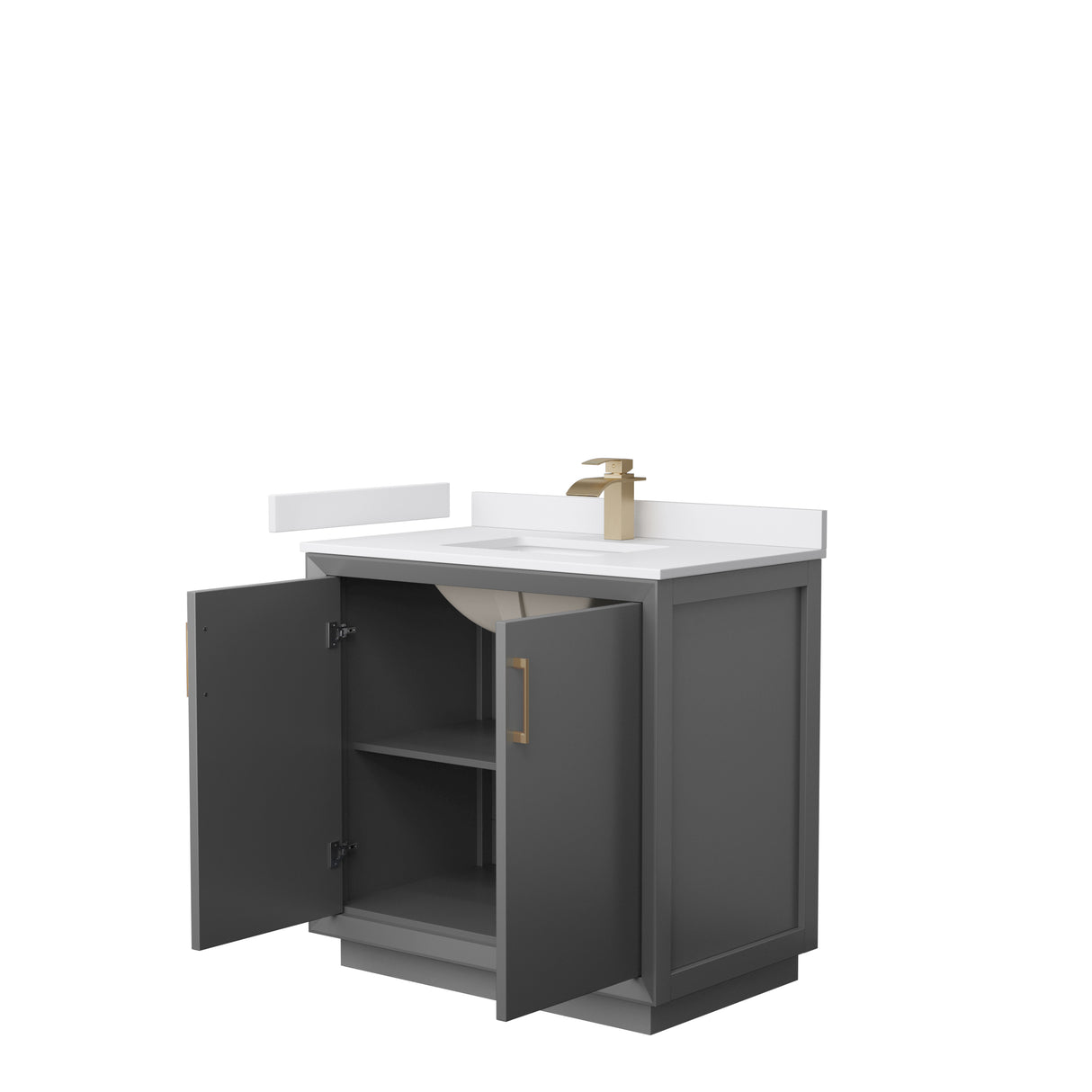 Strada 36 Inch Single Bathroom Vanity in Dark Gray White Cultured Marble Countertop Undermount Square Sink Satin Bronze Trim