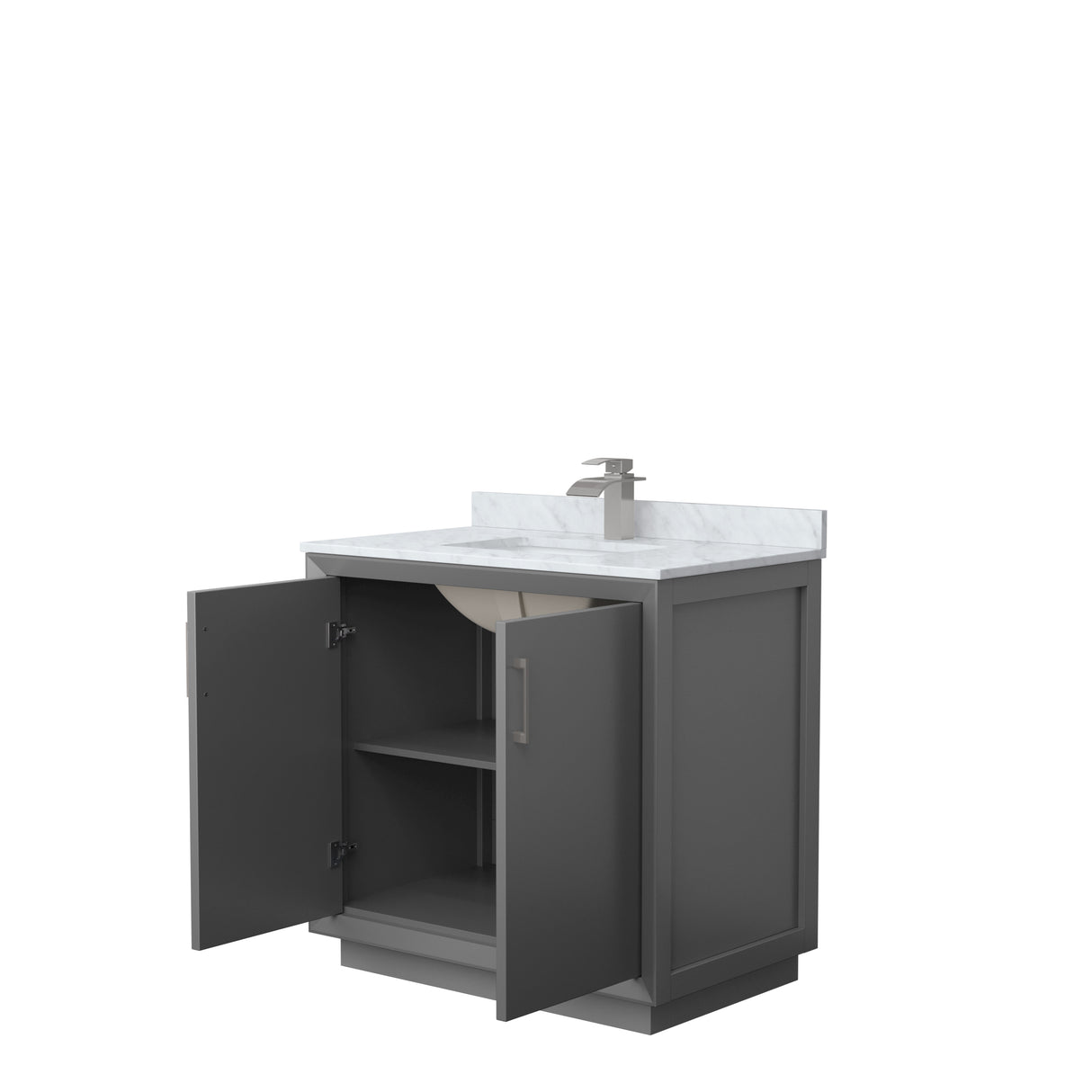 Strada 36 Inch Single Bathroom Vanity in Dark Gray White Carrara Marble Countertop Undermount Square Sink Brushed Nickel Trim