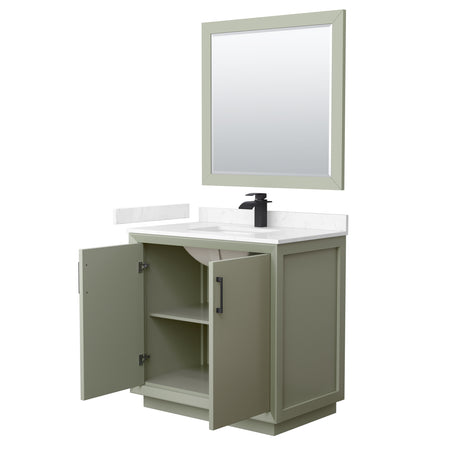 Strada 36 Inch Single Bathroom Vanity in Light Green Carrara Cultured Marble Countertop Undermount Square Sink Matte Black Trim 34 Inch Mirror