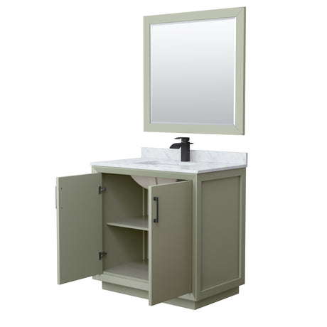 Strada 36 Inch Single Bathroom Vanity in Light Green White Carrara Marble Countertop Undermount Square Sink Matte Black Trim 34 Inch Mirror