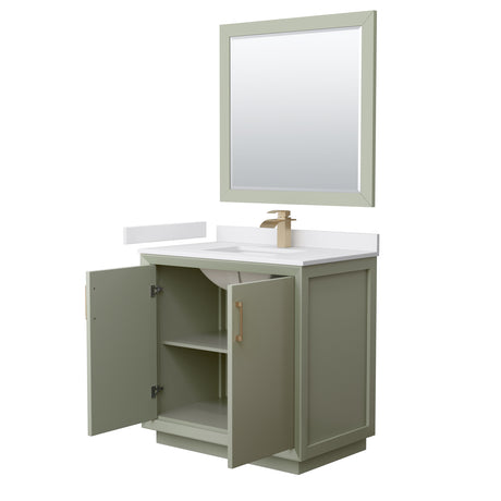 Strada 36 Inch Single Bathroom Vanity in Light Green White Cultured Marble Countertop Undermount Square Sink Satin Bronze Trim 34 Inch Mirror