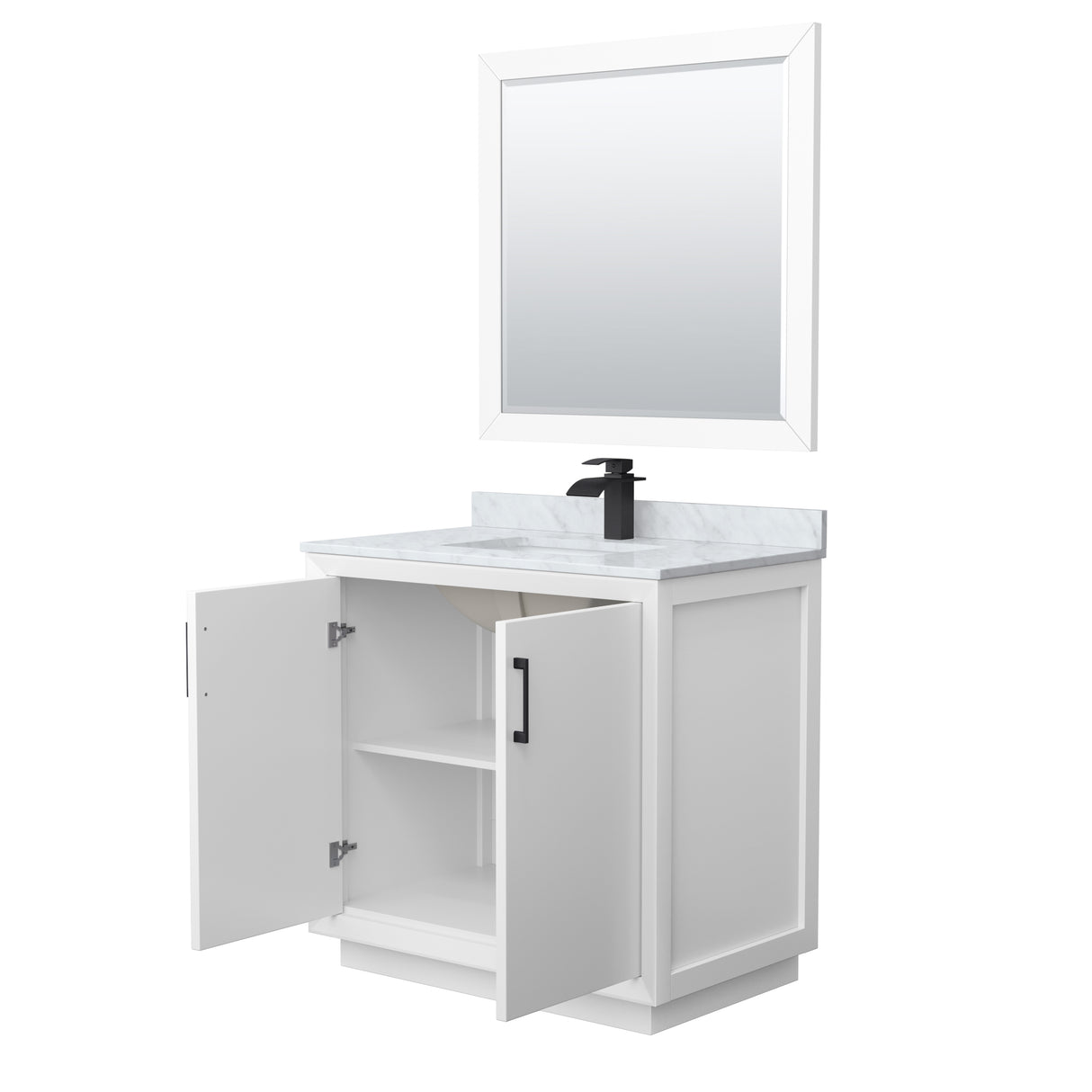 Strada 36 Inch Single Bathroom Vanity in White White Carrara Marble Countertop Undermount Square Sink Matte Black Trim 34 Inch Mirror