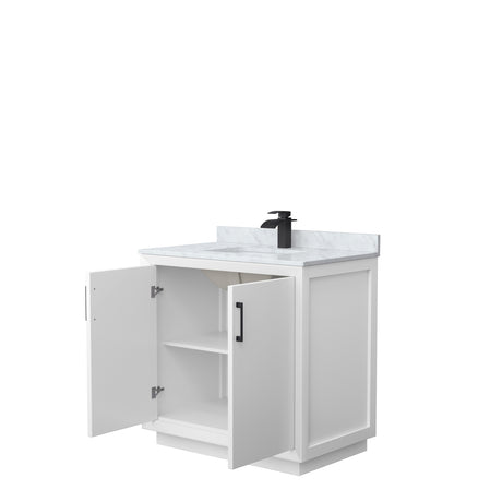 Strada 36 Inch Single Bathroom Vanity in White White Carrara Marble Countertop Undermount Square Sink Matte Black Trim