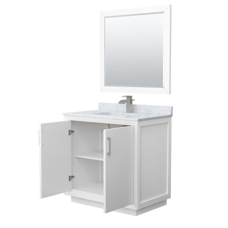Strada 36 Inch Single Bathroom Vanity in White White Carrara Marble Countertop Undermount Square Sink Brushed Nickel Trim 34 Inch Mirror