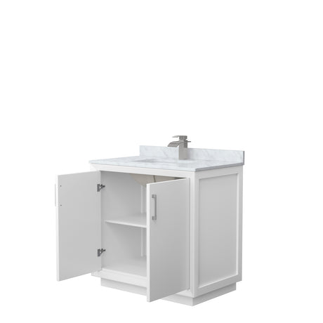 Strada 36 Inch Single Bathroom Vanity in White White Carrara Marble Countertop Undermount Square Sink Brushed Nickel Trim