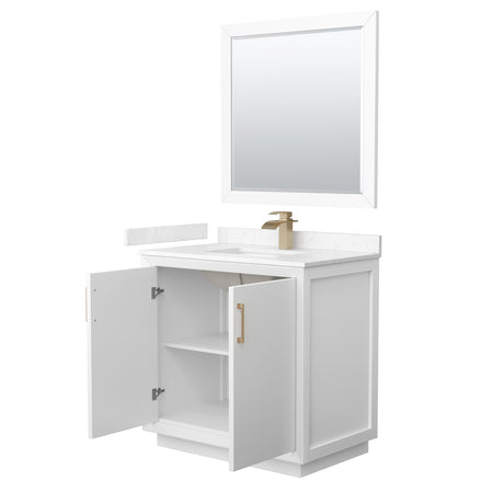 Strada 36 Inch Single Bathroom Vanity in White Carrara Cultured Marble Countertop Undermount Square Sink Satin Bronze Trim 34 Inch Mirror