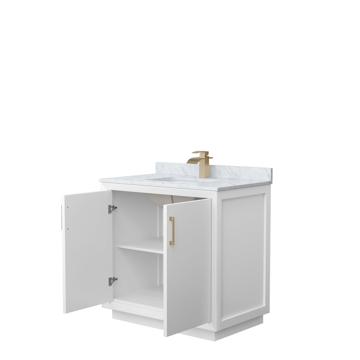 Strada 36 Inch Single Bathroom Vanity in White White Carrara Marble Countertop Undermount Square Sink Satin Bronze Trim