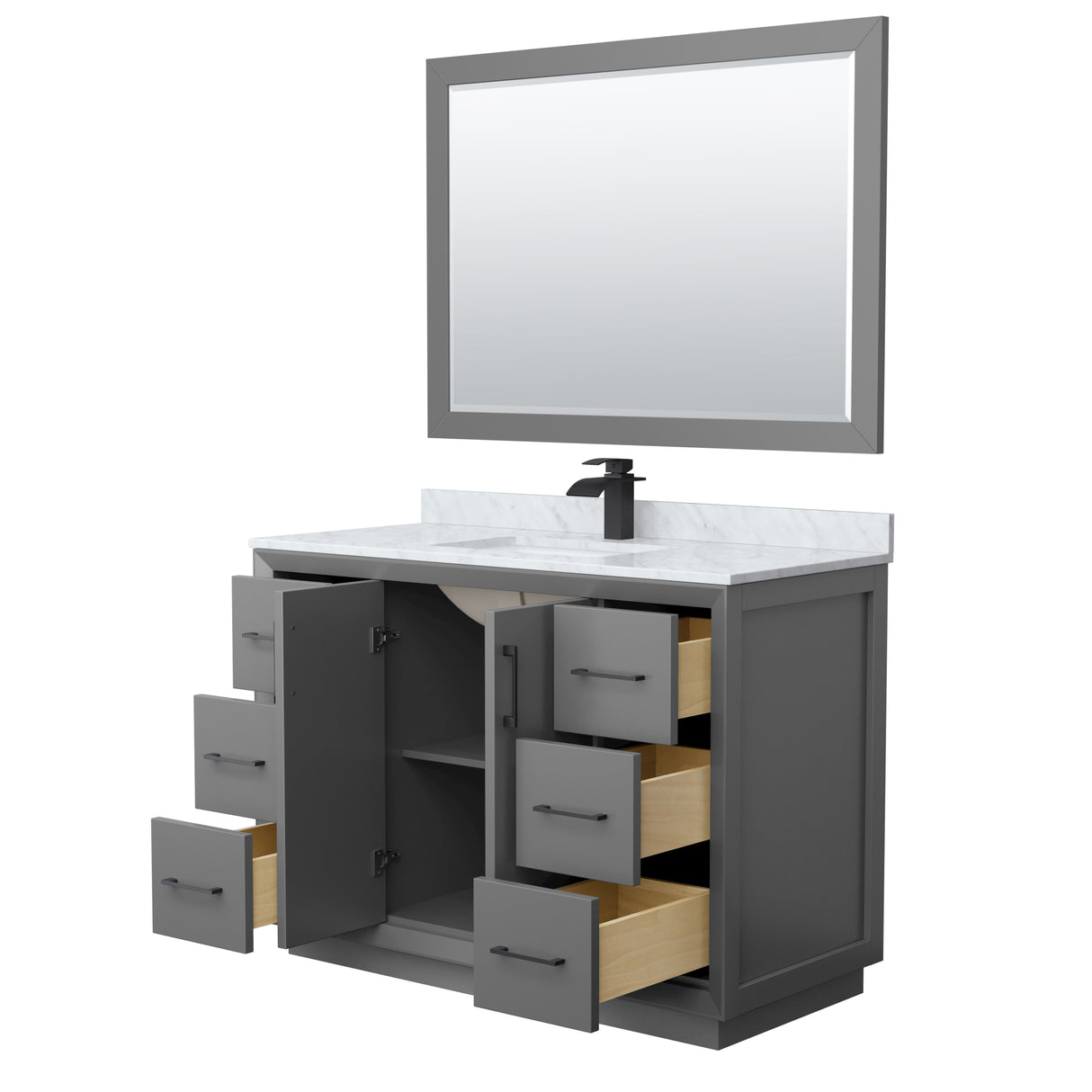 Strada 48 Inch Single Bathroom Vanity in Dark Gray White Carrara Marble Countertop Undermount Square Sink Matte Black Trim 46 Inch Mirror