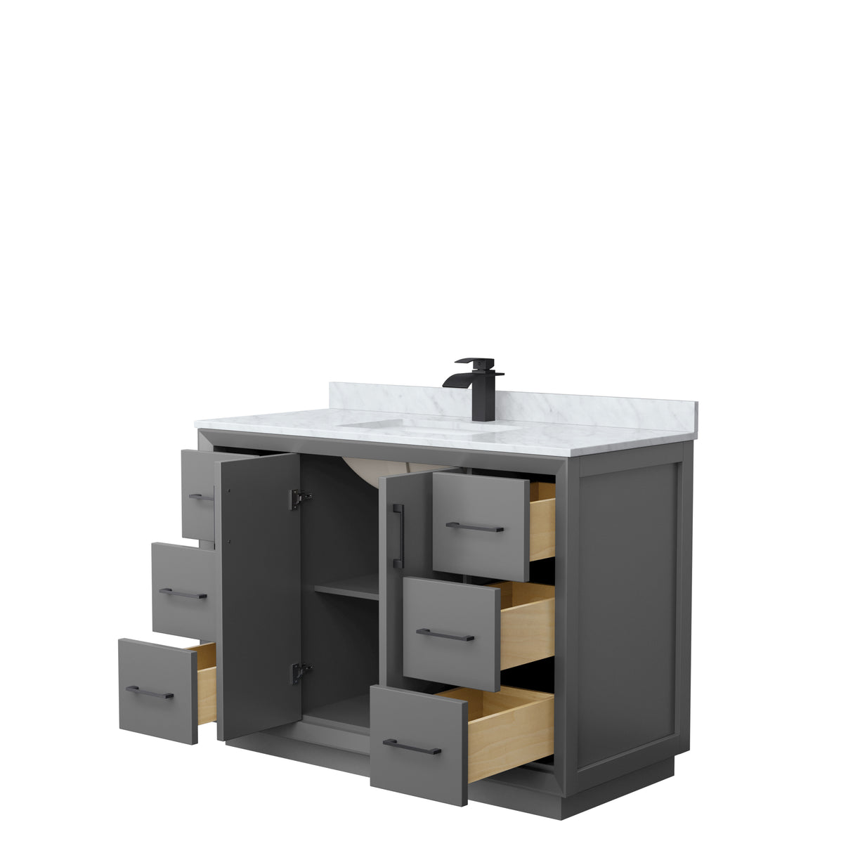 Strada 48 Inch Single Bathroom Vanity in Dark Gray White Carrara Marble Countertop Undermount Square Sink Matte Black Trim