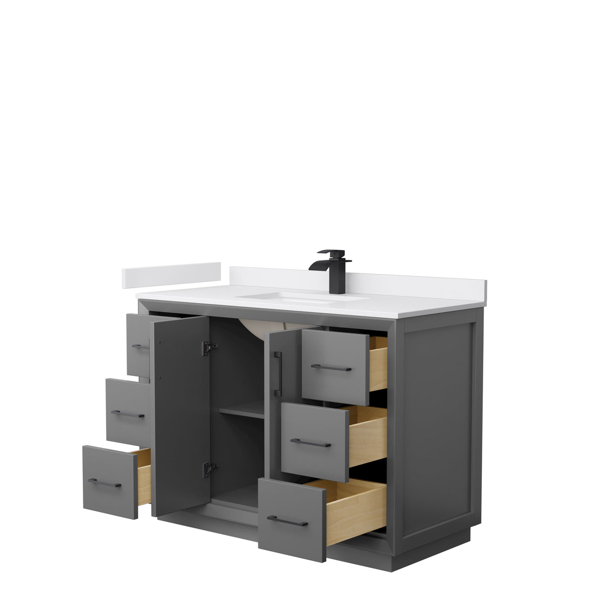 Strada 48 Inch Single Bathroom Vanity in Dark Gray White Cultured Marble Countertop Undermount Square Sink Matte Black Trim