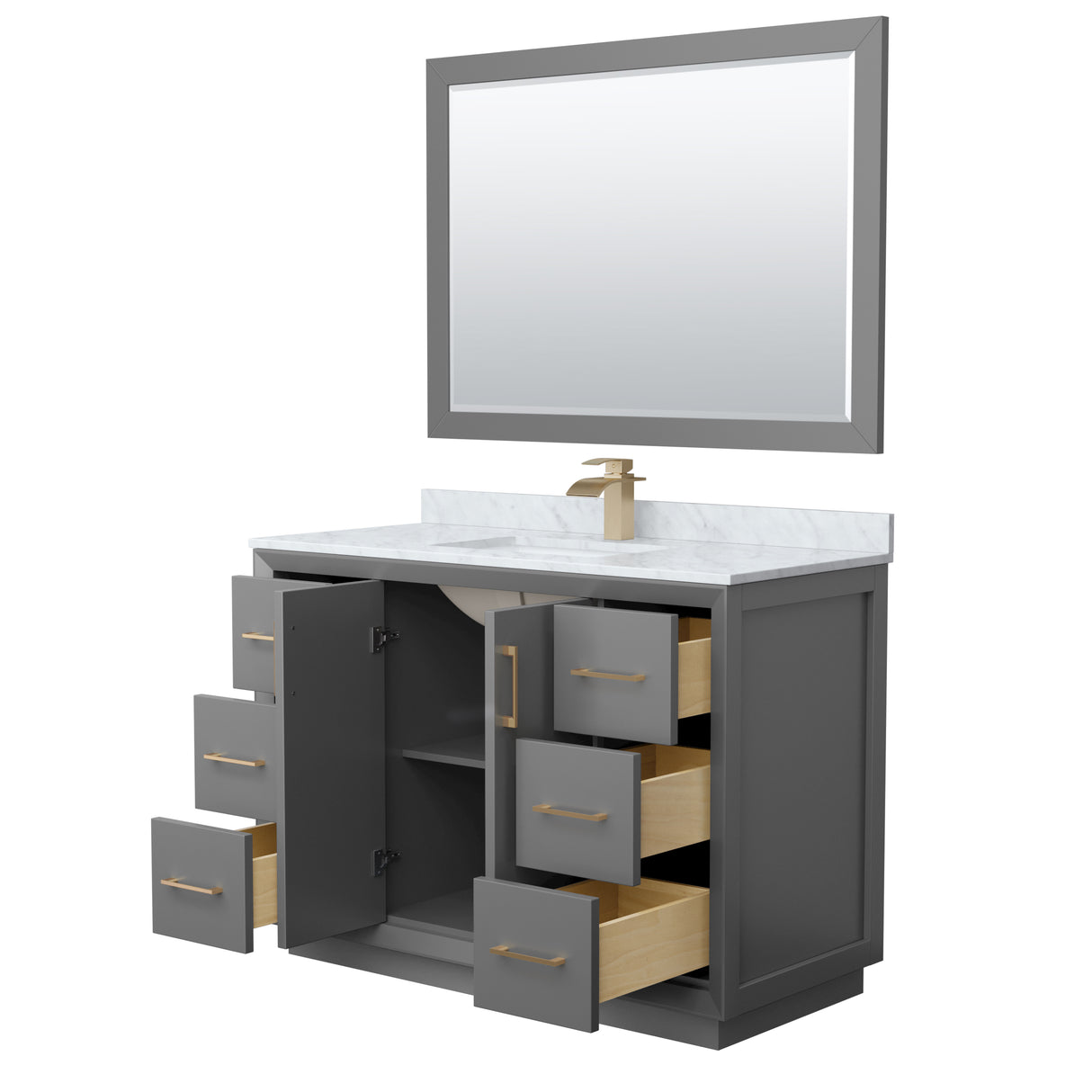 Strada 48 Inch Single Bathroom Vanity in Dark Gray White Carrara Marble Countertop Undermount Square Sink Satin Bronze Trim 46 Inch Mirror