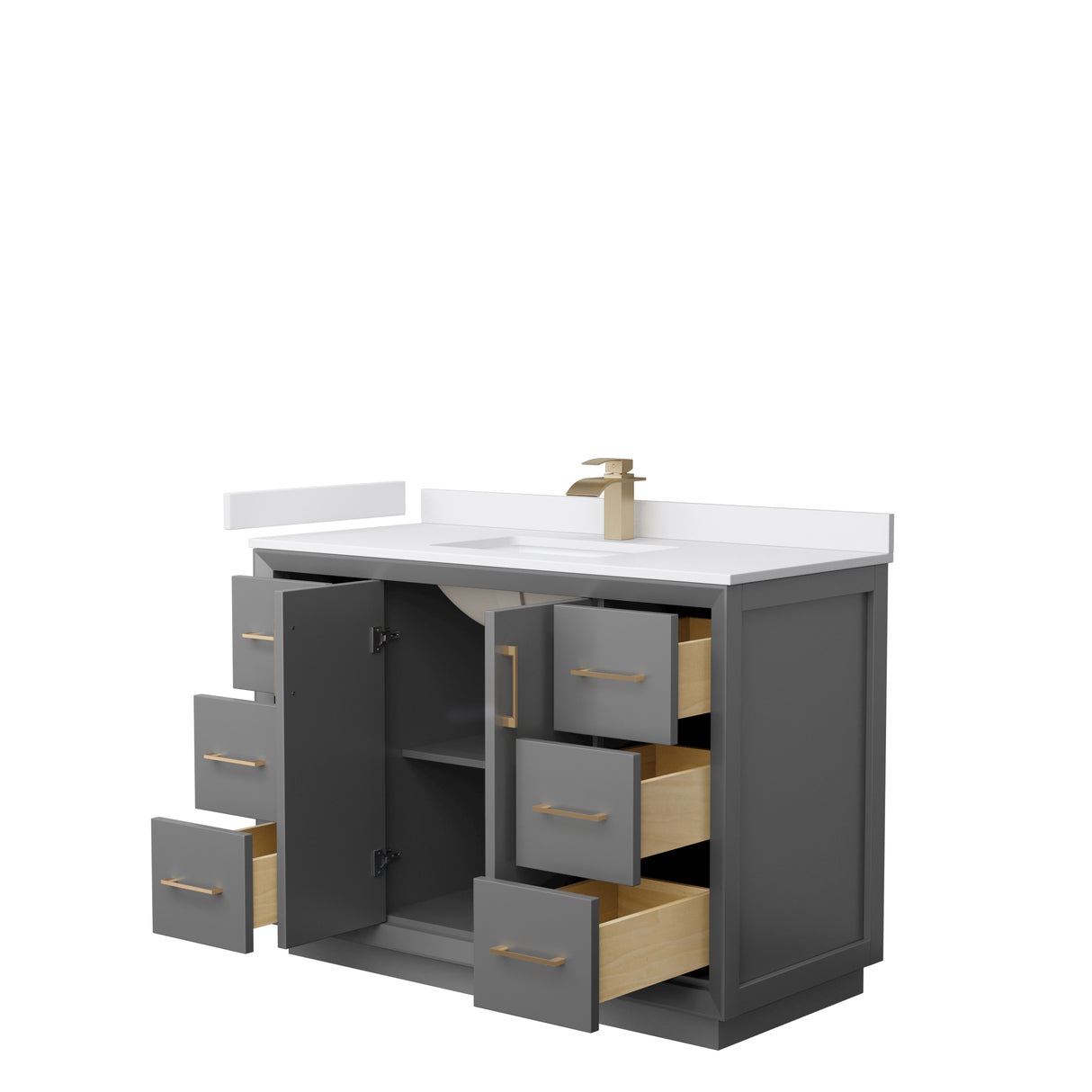 Strada 48 Inch Single Bathroom Vanity in Dark Gray White Cultured Marble Countertop Undermount Square Sink Satin Bronze Trim