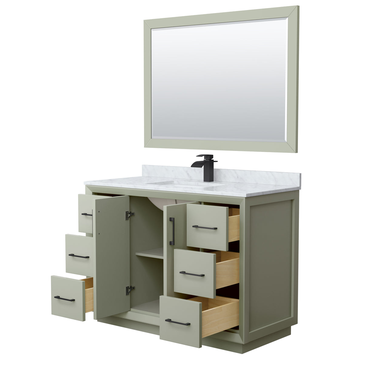 Strada 48 Inch Single Bathroom Vanity in Light Green White Carrara Marble Countertop Undermount Square Sink Matte Black Trim 46 Inch Mirror