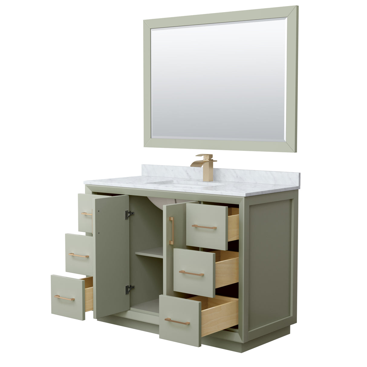 Strada 48 Inch Single Bathroom Vanity in Light Green White Carrara Marble Countertop Undermount Square Sink Satin Bronze Trim 46 Inch Mirror
