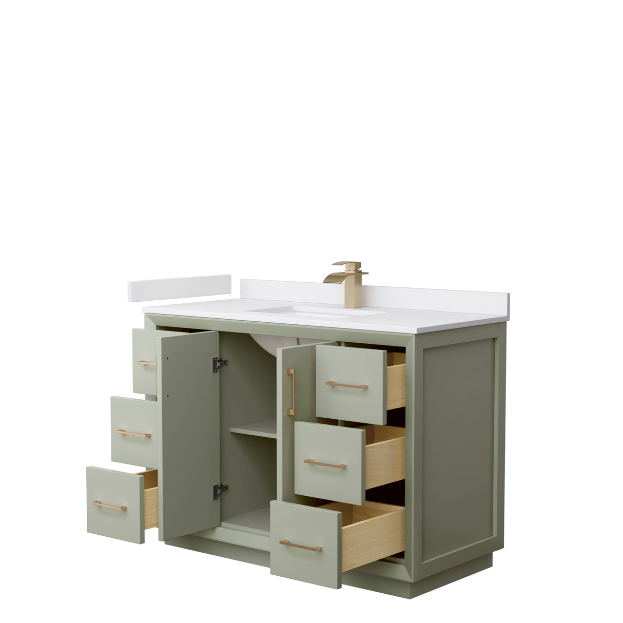 Strada 48 Inch Single Bathroom Vanity in Light Green White Cultured Marble Countertop Undermount Square Sink Satin Bronze Trim