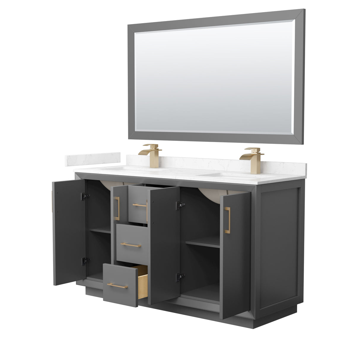 Strada 60 Inch Double Bathroom Vanity in Dark Gray Carrara Cultured Marble Countertop Undermount Square Sink Satin Bronze Trim 58 Inch Mirror