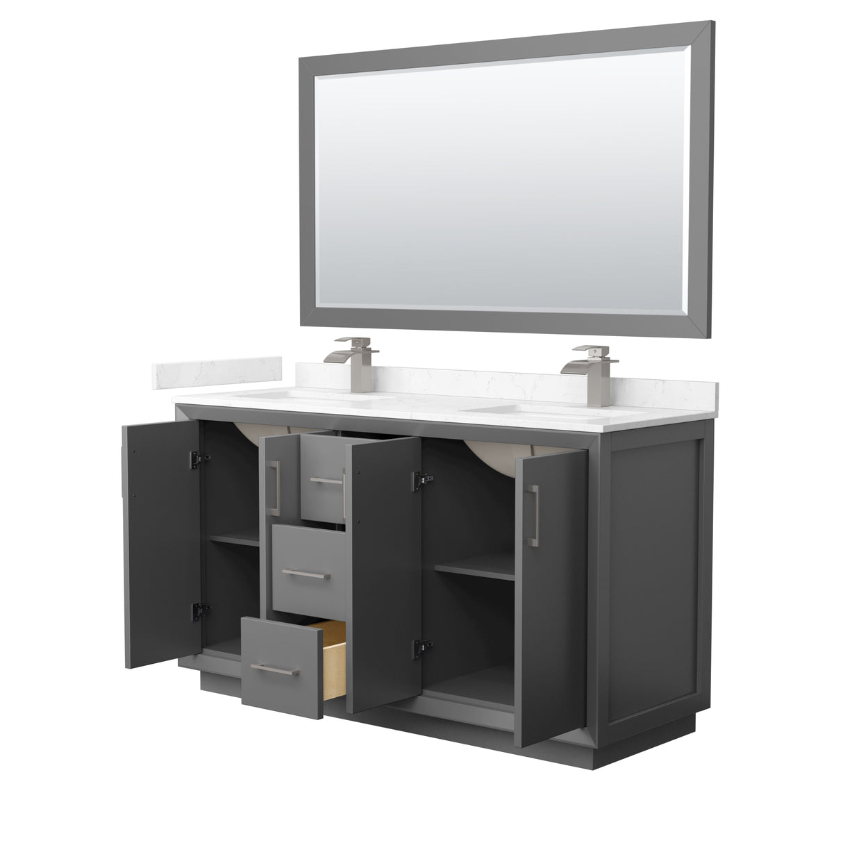 Strada 60 Inch Double Bathroom Vanity in Dark Gray Carrara Cultured Marble Countertop Undermount Square Sink Brushed Nickel Trim 58 Inch Mirror