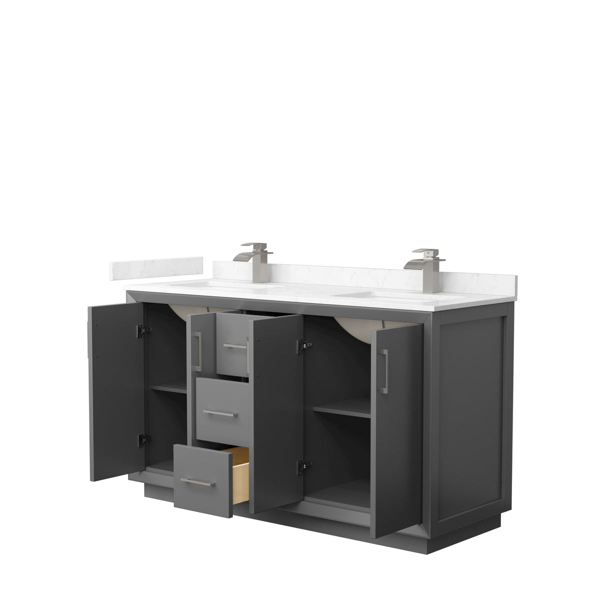 Strada 60 Inch Double Bathroom Vanity in Dark Gray Carrara Cultured Marble Countertop Undermount Square Sink Brushed Nickel Trim