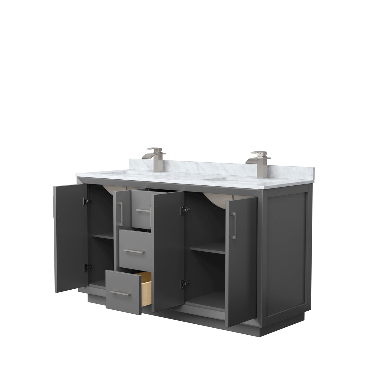 Strada 60 Inch Double Bathroom Vanity in Dark Gray White Carrara Marble Countertop Undermount Square Sink Brushed Nickel Trim