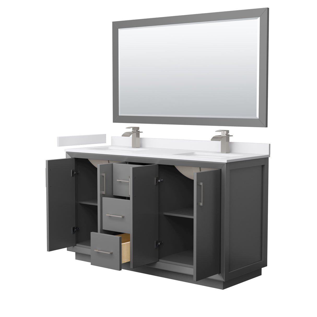 Strada 60 Inch Double Bathroom Vanity in Dark Gray White Cultured Marble Countertop Undermount Square Sink Brushed Nickel Trim 58 Inch Mirror