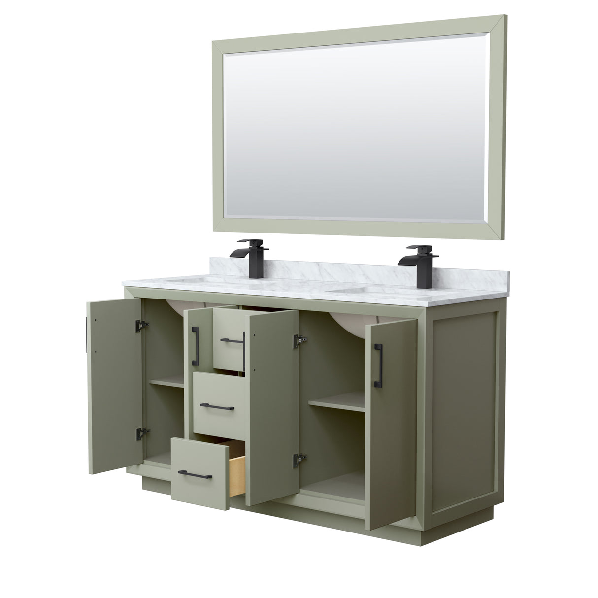 Strada 60 Inch Double Bathroom Vanity in Light Green White Carrara Marble Countertop Undermount Square Sinks Matte Black Trim 58 Inch Mirror