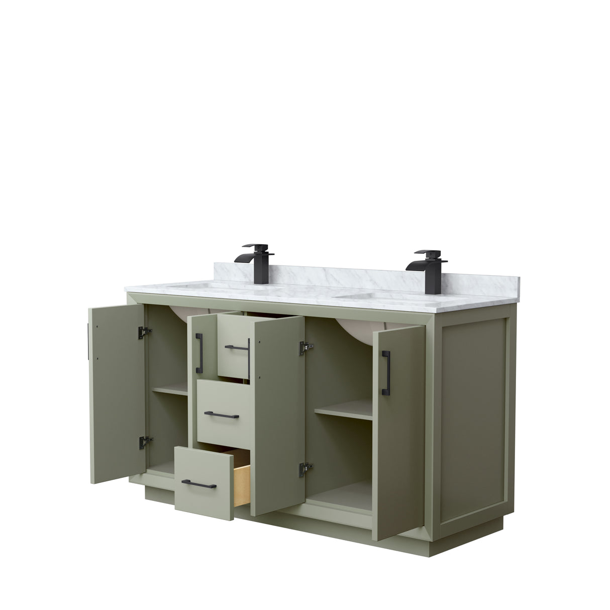 Strada 60 Inch Double Bathroom Vanity in Light Green White Carrara Marble Countertop Undermount Square Sinks Matte Black Trim