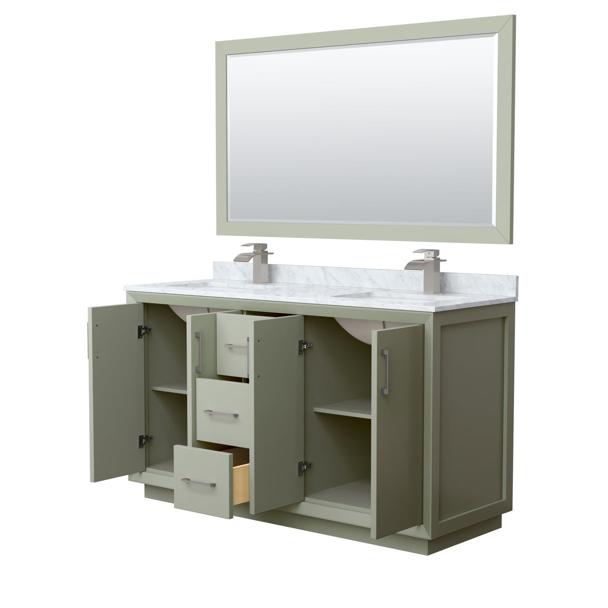 Strada 60 Inch Double Bathroom Vanity in Light Green White Carrara Marble Countertop Undermount Square Sinks Brushed Nickel Trim 58 Inch Mirror