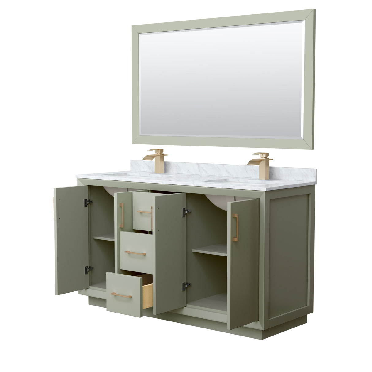 Strada 60 Inch Double Bathroom Vanity in Light Green White Carrara Marble Countertop Undermount Square Sinks Satin Bronze Trim 58 Inch Mirror