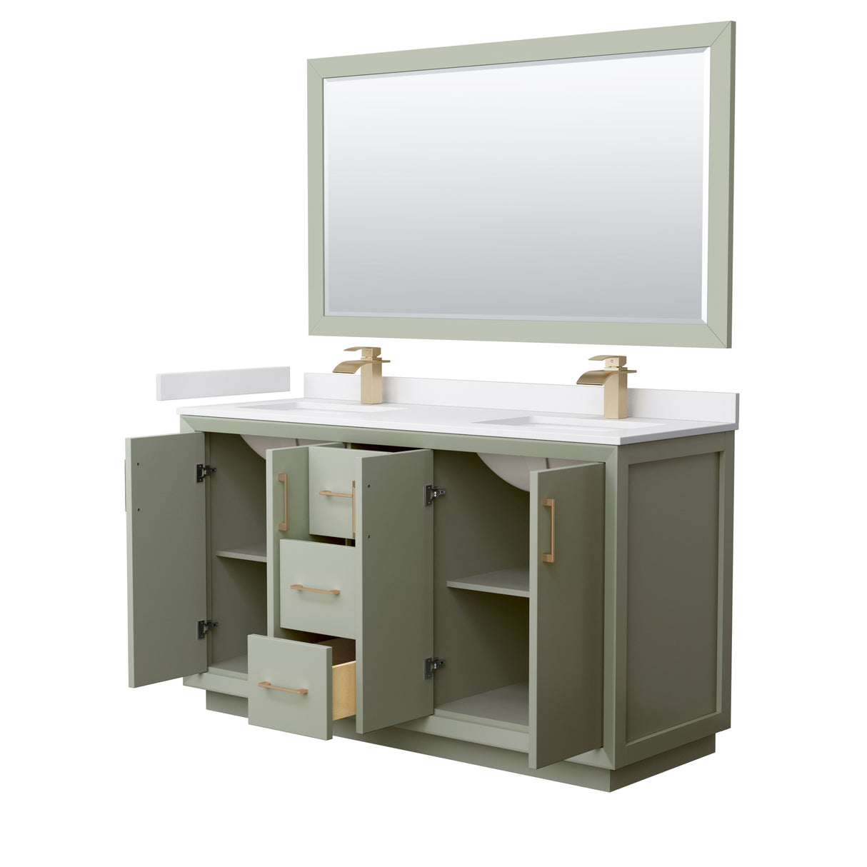 Strada 60 Inch Double Bathroom Vanity in Light Green White Cultured Marble Countertop Undermount Square Sinks Satin Bronze Trim 58 Inch Mirror
