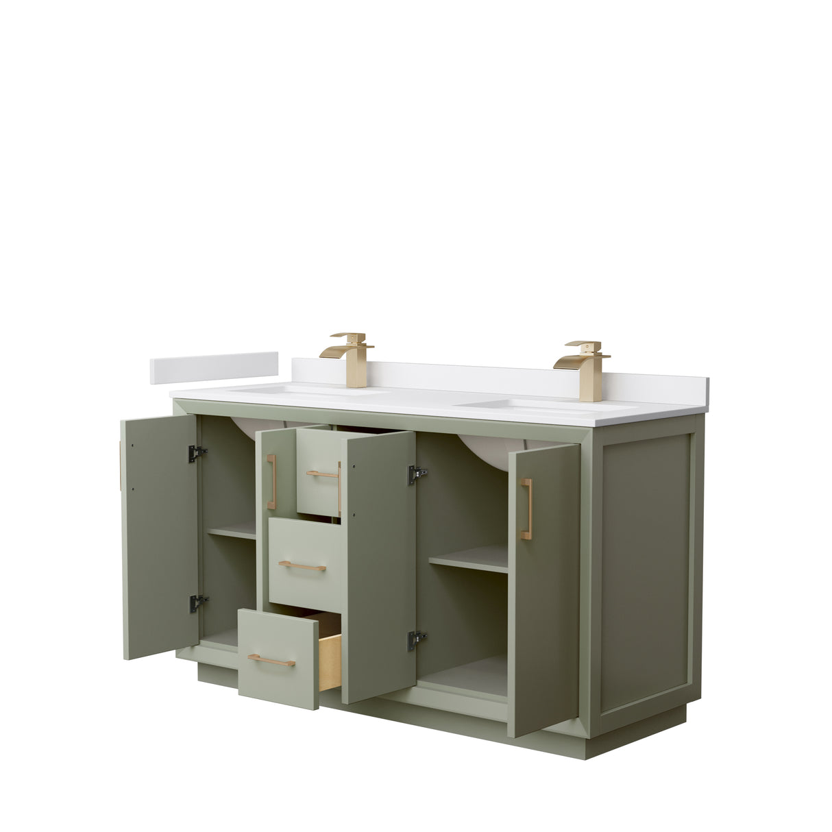 Strada 60 Inch Double Bathroom Vanity in Light Green White Cultured Marble Countertop Undermount Square Sinks Satin Bronze Trim