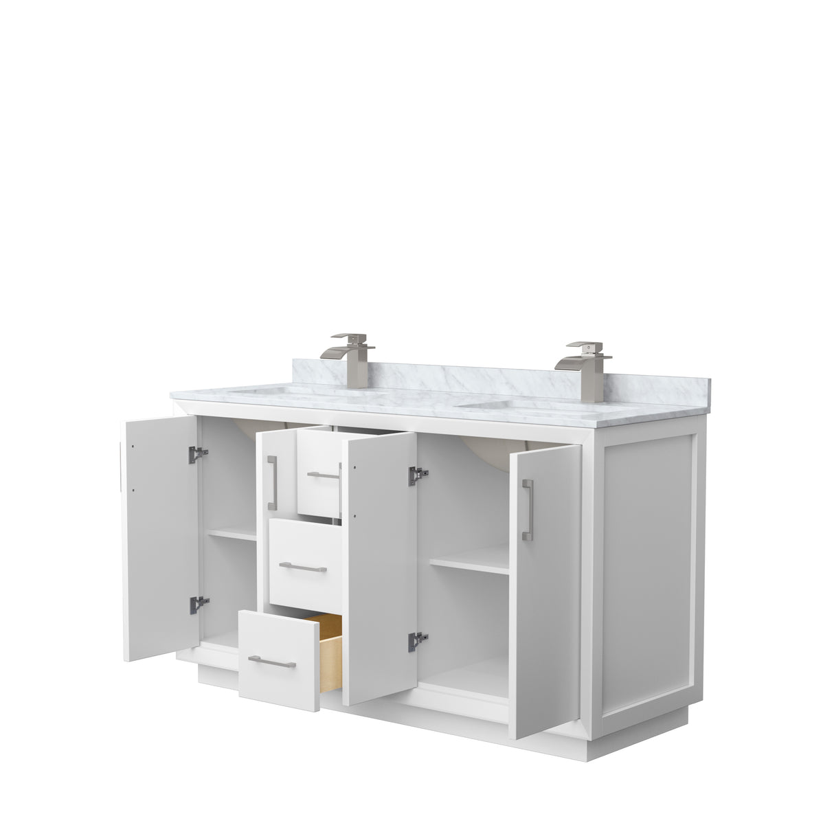 Strada 60 Inch Double Bathroom Vanity in White White Carrara Marble Countertop Undermount Square Sink Brushed Nickel Trim