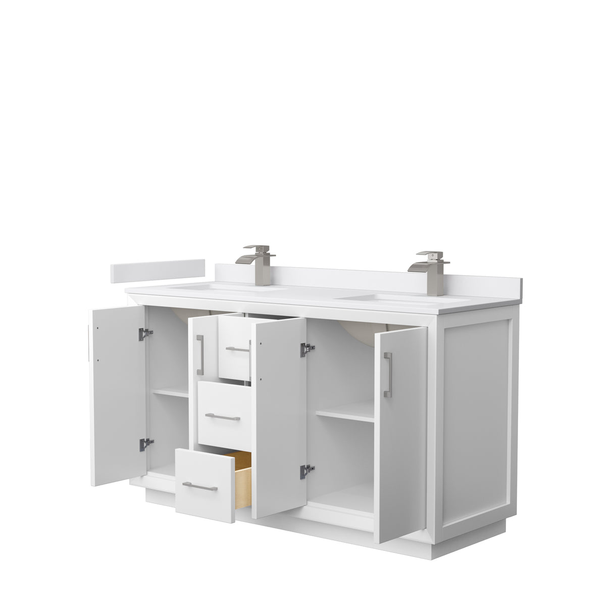 Strada 60 Inch Double Bathroom Vanity in White White Cultured Marble Countertop Undermount Square Sink Brushed Nickel Trim