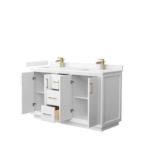 Strada 60 Inch Double Bathroom Vanity in White Carrara Cultured Marble Countertop Undermount Square Sink Satin Bronze Trim