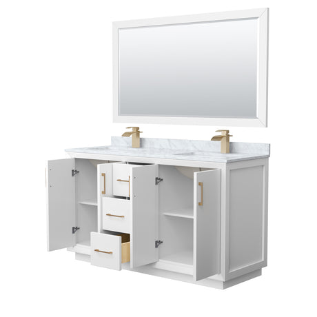 Strada 60 Inch Double Bathroom Vanity in White White Carrara Marble Countertop Undermount Square Sink Satin Bronze Trim 58 Inch Mirror