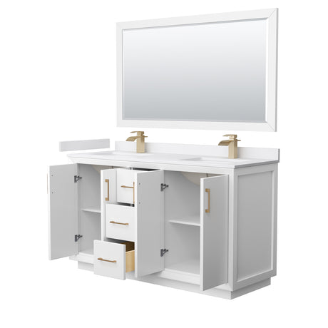 Strada 60 Inch Double Bathroom Vanity in White White Cultured Marble Countertop Undermount Square Sink Satin Bronze Trim 58 Inch Mirror