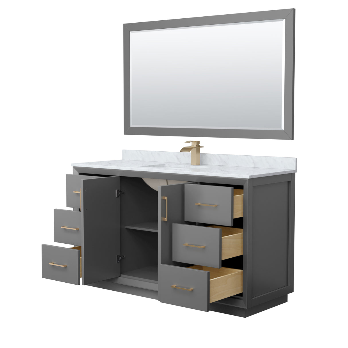 Strada 60 Inch Single Bathroom Vanity in Dark Gray White Carrara Marble Countertop Undermount Square Sink Satin Bronze Trim 58 Inch Mirror