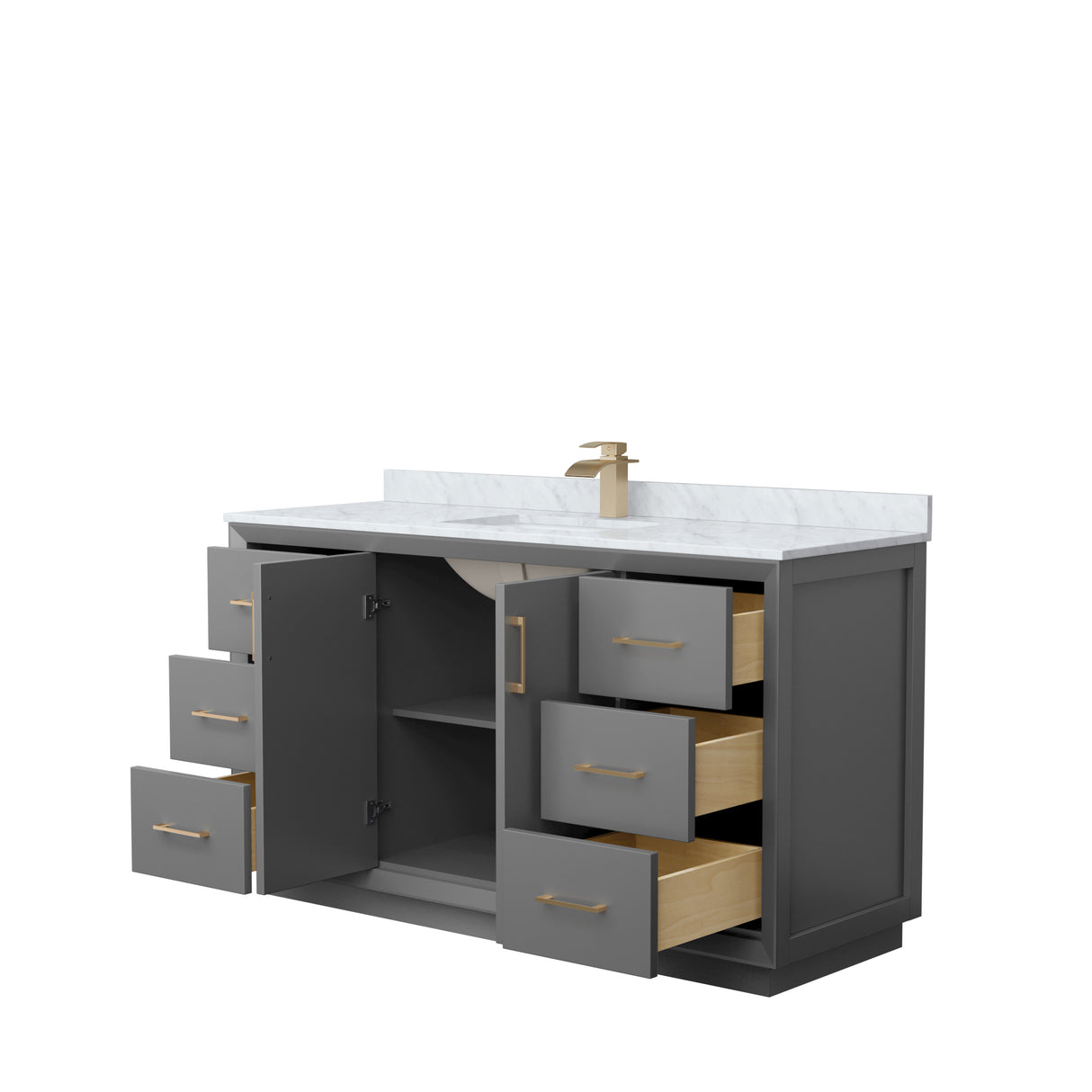 Strada 60 Inch Single Bathroom Vanity in Dark Gray White Carrara Marble Countertop Undermount Square Sink Satin Bronze Trim