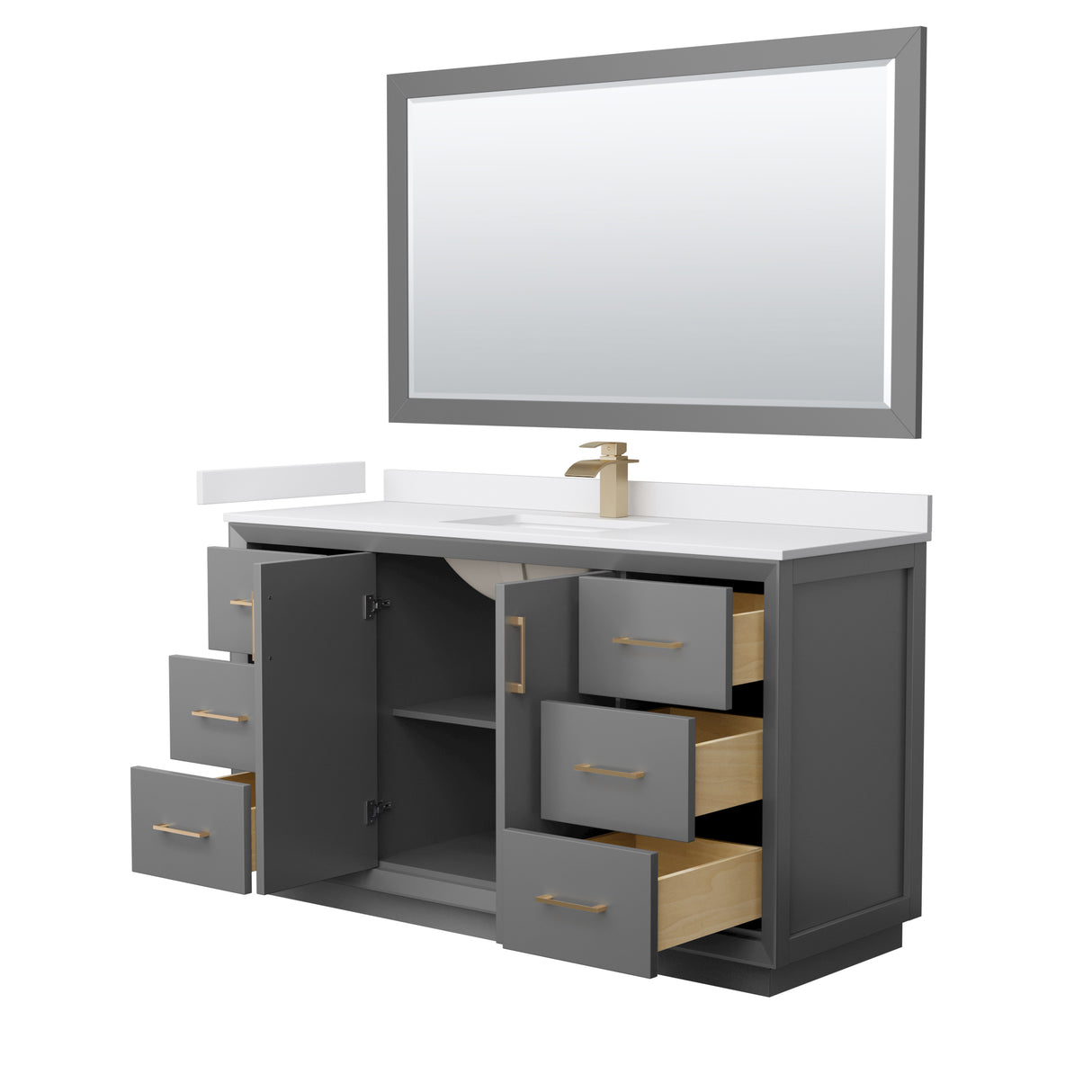 Strada 60 Inch Single Bathroom Vanity in Dark Gray White Cultured Marble Countertop Undermount Square Sink Satin Bronze Trim 58 Inch Mirror