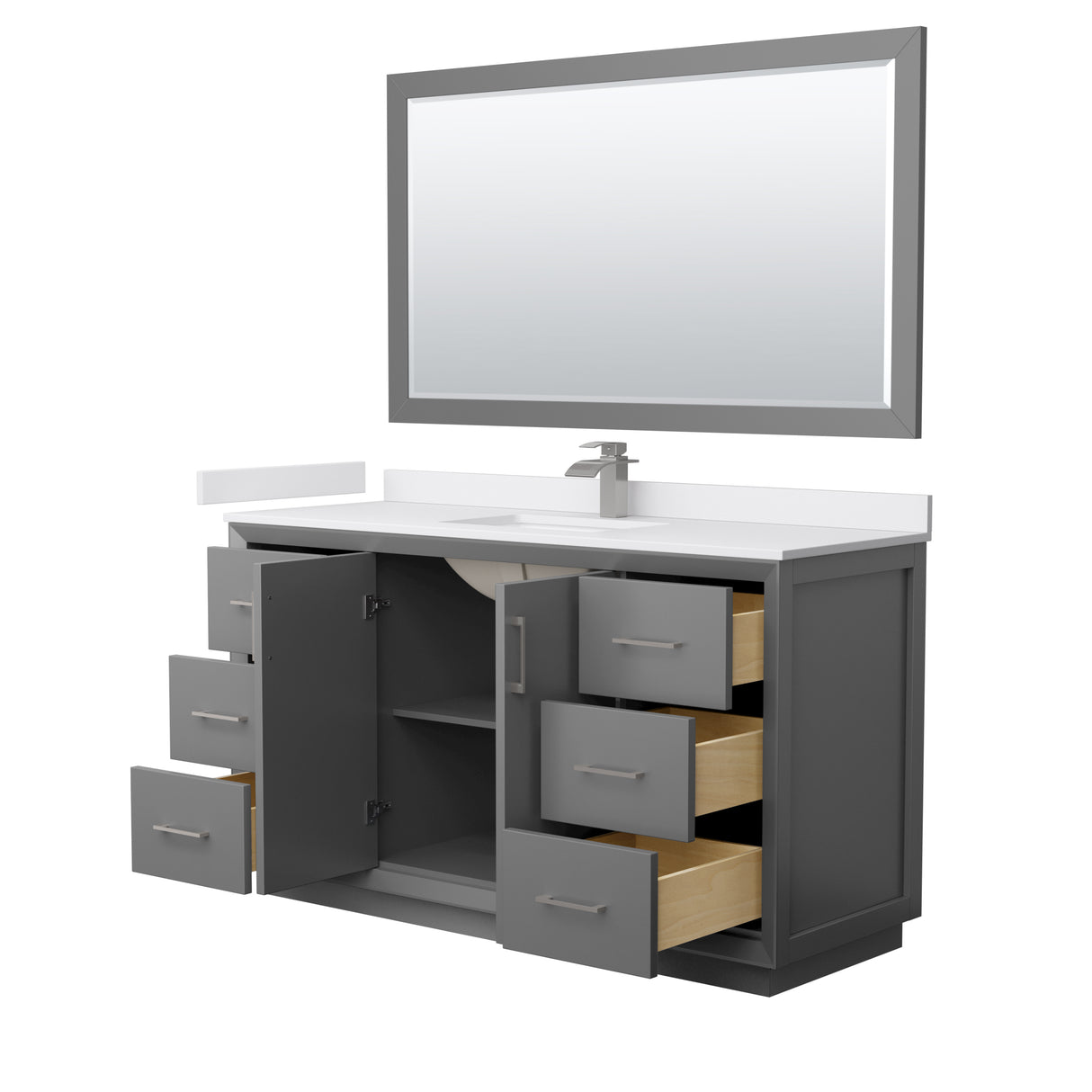 Strada 60 Inch Single Bathroom Vanity in Dark Gray White Cultured Marble Countertop Undermount Square Sink Brushed Nickel Trim 58 Inch Mirror