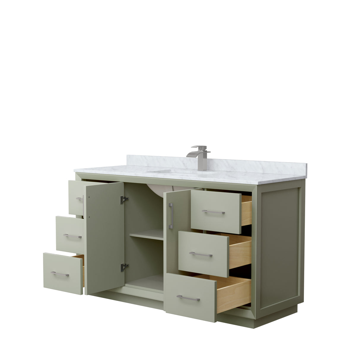 Strada 60 Inch Single Bathroom Vanity in Light Green White Carrara Marble Countertop Undermount Square Sink Brushed Nickel Trim