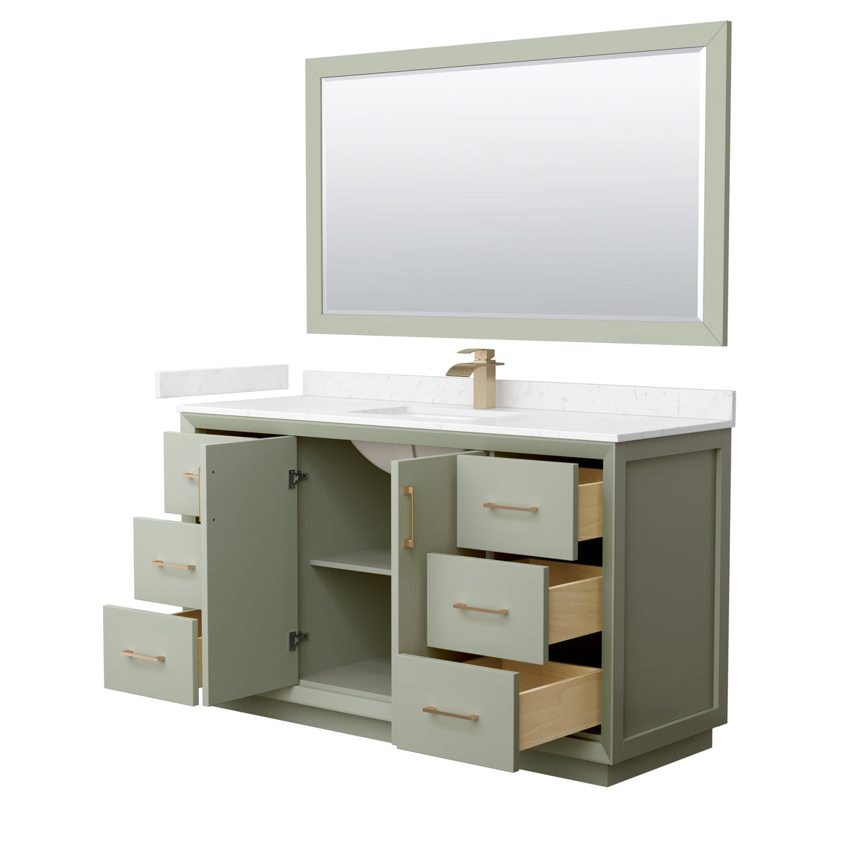 Strada 60 Inch Single Bathroom Vanity in Light Green Carrara Cultured Marble Countertop Undermount Square Sink Satin Bronze Trim 58 Inch Mirror